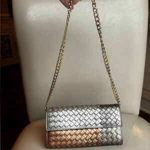 Bottega Veneta Rare Tri-colored Metallic Intrecciato Long Wallet with Gold Chain